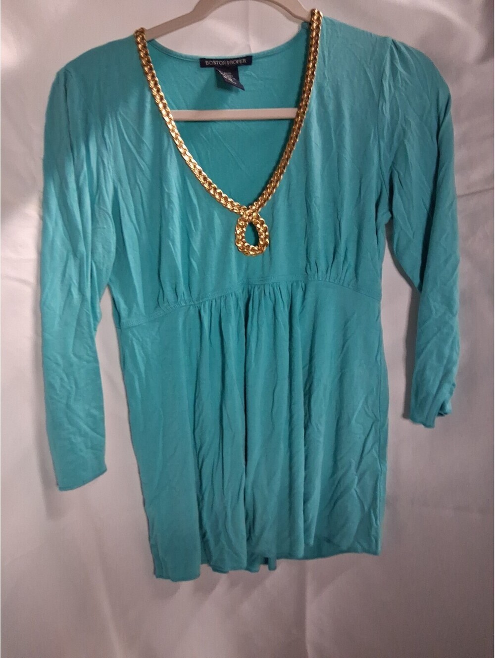 Boston Proper XS Turquoise 3/4 Sleeve Blouse Gold Neck Lined Key Hole N2